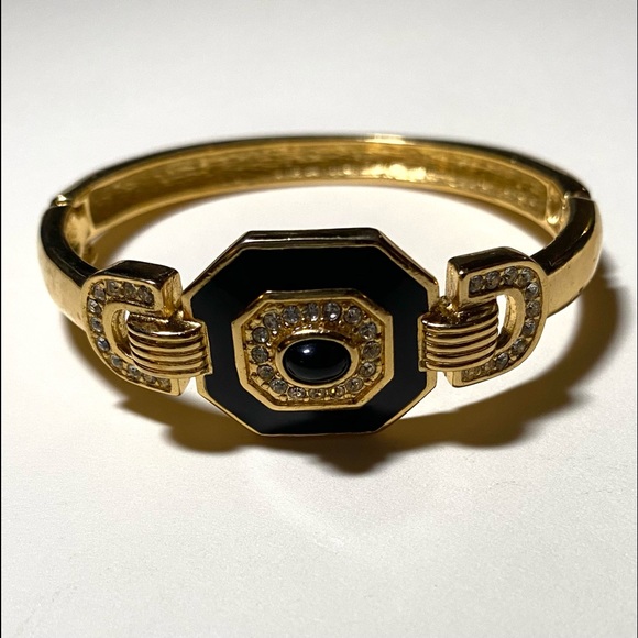 Vintage CHRISTIAN DIOR Gold Plated Black Enamel Chrystal Rhinestone Bracelet - Picture 1 of 4